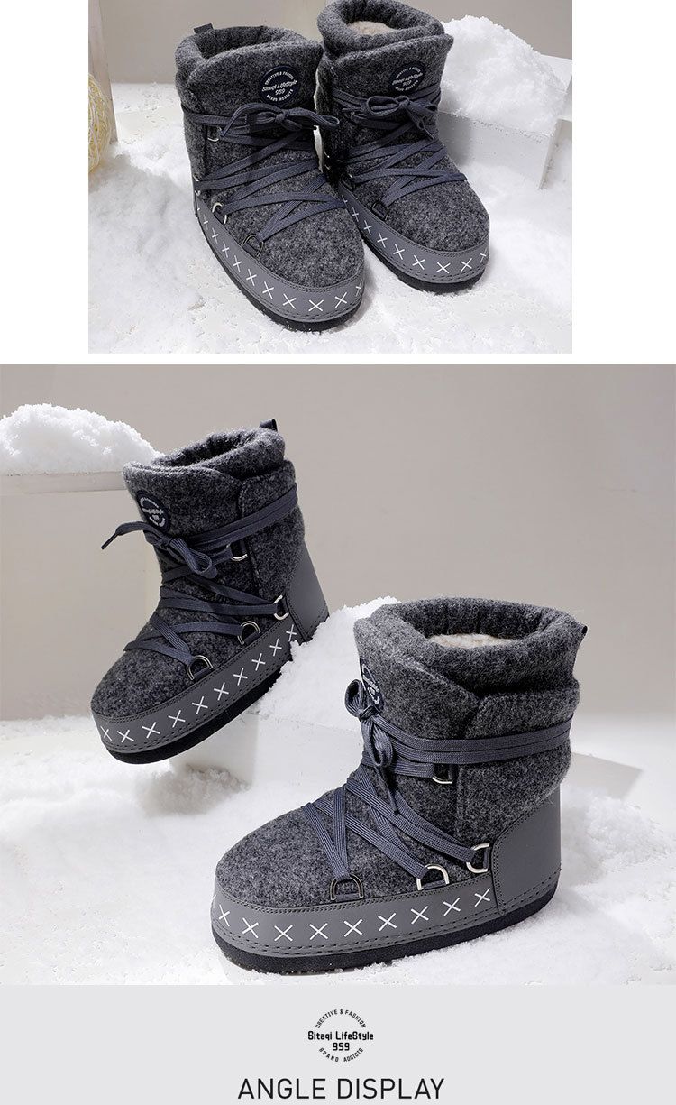 Women's Shoes Knee High Boots Grey Woolen Boots With Thickened Plush Lining Keep Warm And Comfortable Shoes_voghion.com