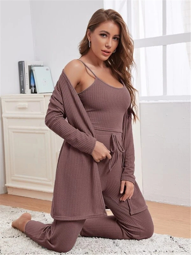 Women's home wear women's Waffle knit halter top trousers robe pajamas three sets_voghion.com