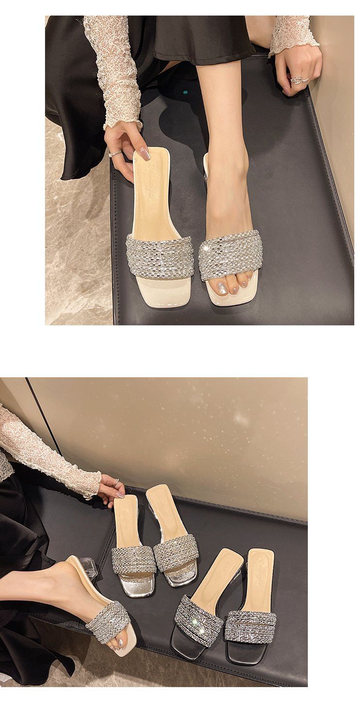 Mit Kristallen verzierte Slide-Sandalen – Pantoletten mit klobigem Absatz und offener Spitze für Damen | Modische Sommer-Hausschuhe für draußen_voghion.com