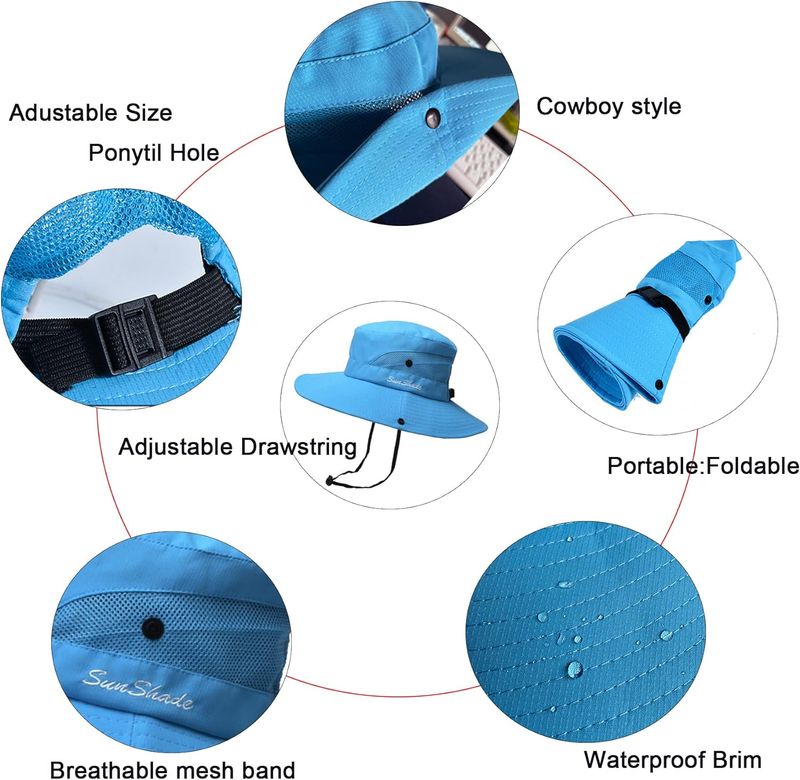 NPQQUAN Cappello da Sole a Secchiello con Coda di Cavallo per Donna Uomo Tesa Larga UPF 50+Cappelli da Pesca e da Spiaggia_voghion.com
