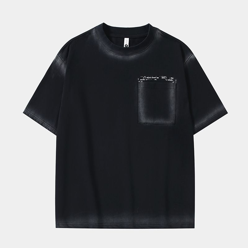 Small Niche Spray Dyed Vintage Design, Loose Fitting T-shirt, Trendy Men's Casual Matching Set, Black Top_voghion.com