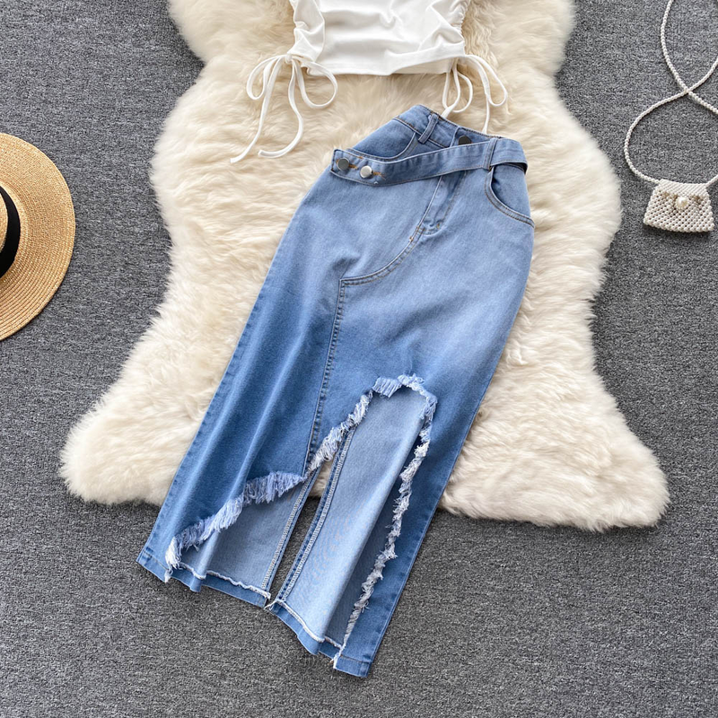 Women's Drawstring Lace-up Slouchy Vest Irregular Raw Edge Split Denim Half-body Skirt Two Piece Set_voghion.com