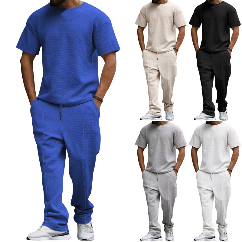 men's short-sleeved trousers suit heavyweight waffle oversize large size round neck casual suit_voghion.com