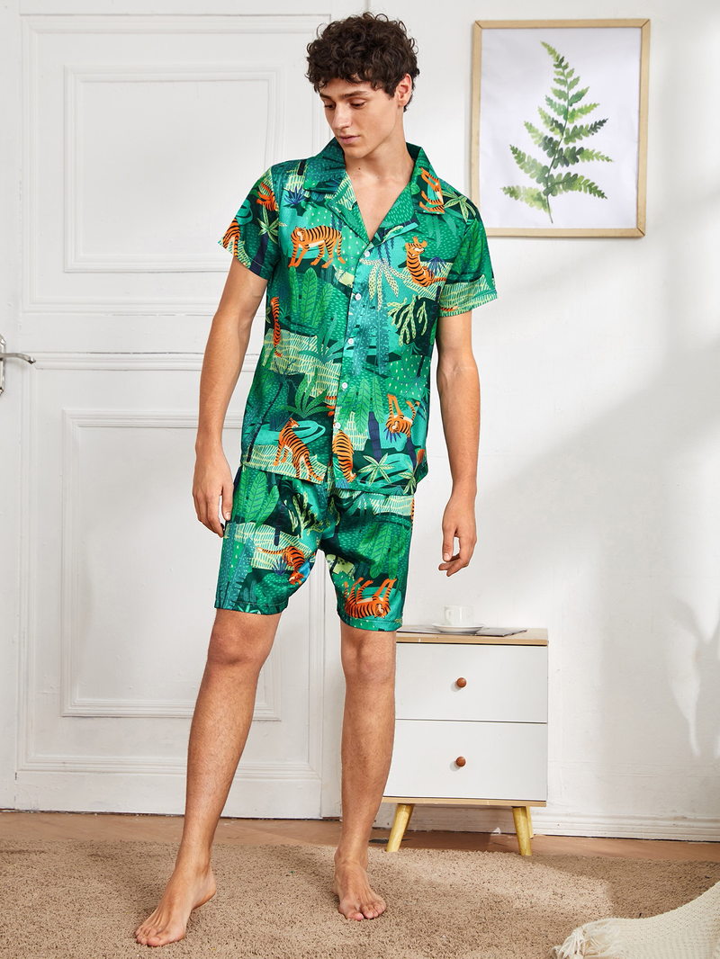 Kurzärmliges Pyjama- und Heimkleidungsset aus bedruckter Kunstseide für Herren_voghion.com