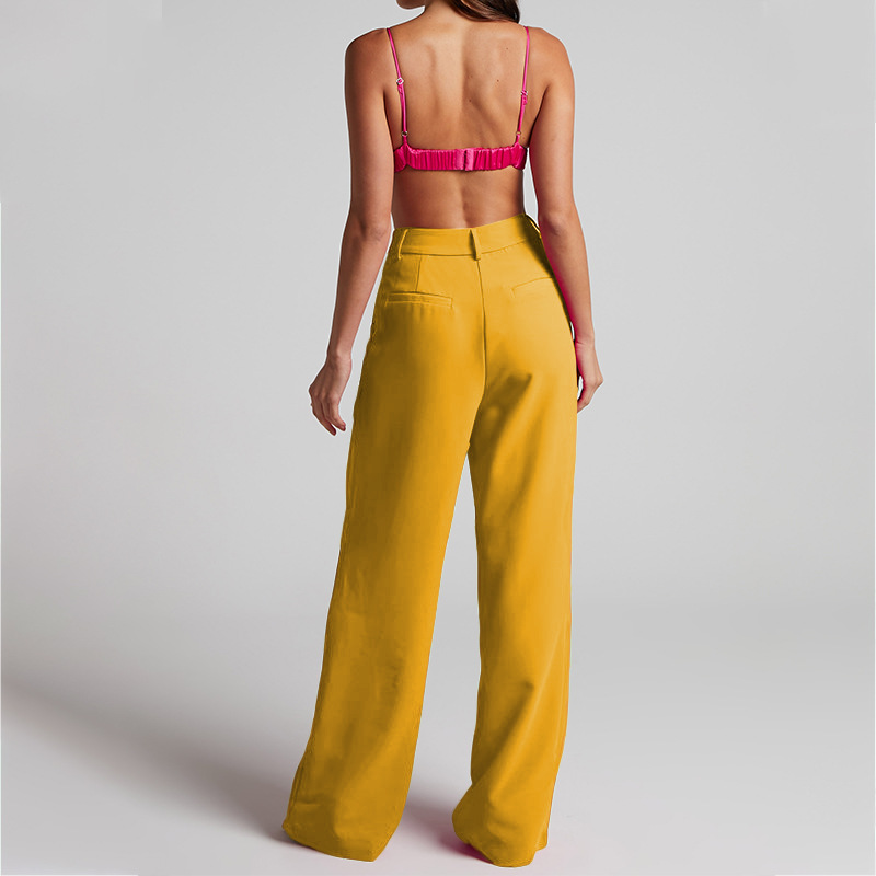 Pantaloni larghi da donna a gamba larga a vita alta a maniche lunghe con risvolto casual, due pezzi_voghion.com