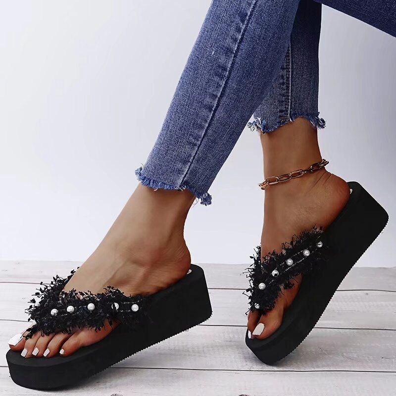 Boho Pearl Flip Flops – Flache Sandalen mit Quaste für Damen (Schwarz/Khaki)_voghion.com