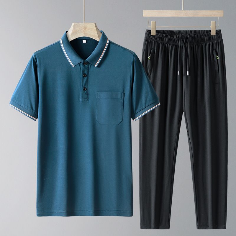 CT Dad Outfit Sportliches Casual Sommer-Poloshirt Aus Eisseide Mit Kurzen Ärmeln Dreiteiliges Set Für Männer_voghion.com