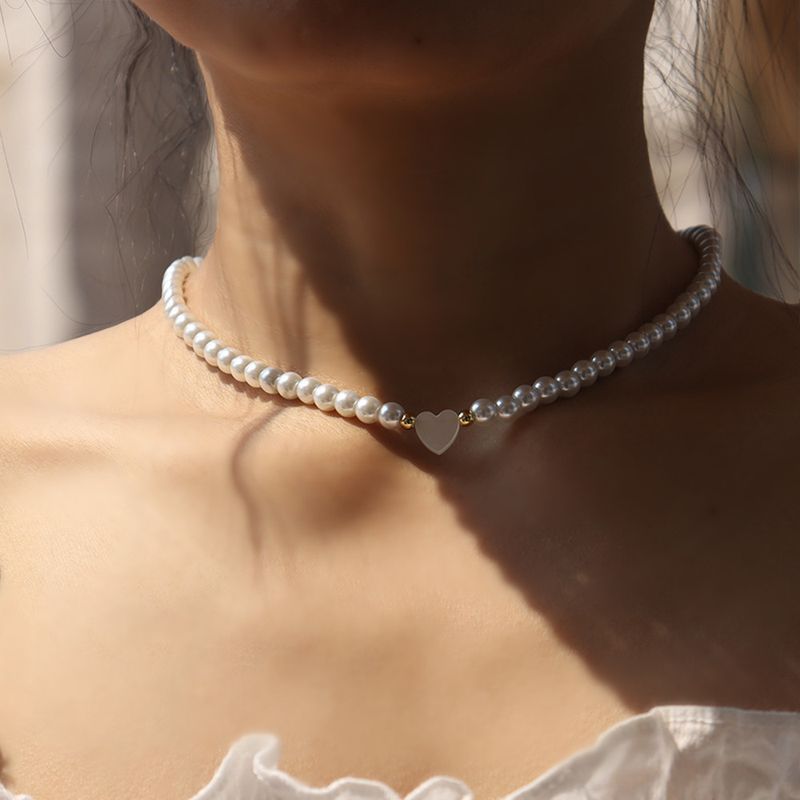 Franse imitatieparelhals modieus designgevoel, sleutelbeenketting met kleine, frisse en eenvoudige ring, liefdesschelp_voghion.com
