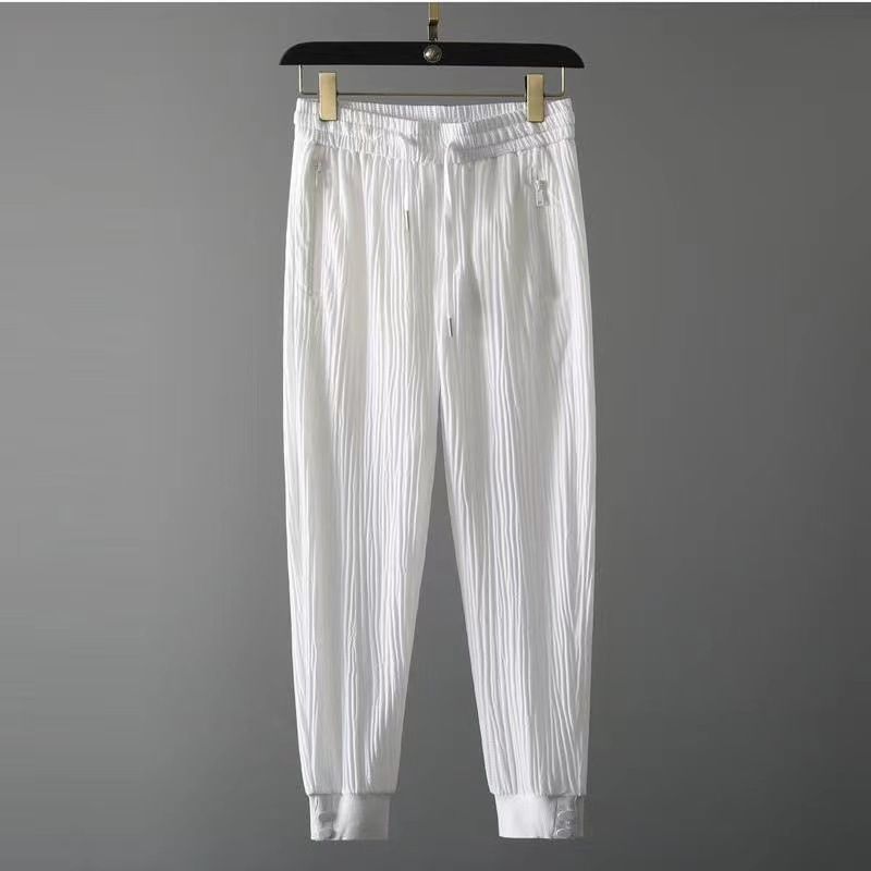 Men's Clothing Summer Thin Ice Silk Sports Men's Color Matching Pleated Large Size T Shirt Nine Point Pants Casual Two Piece Set Foreign Trade_voghion.com