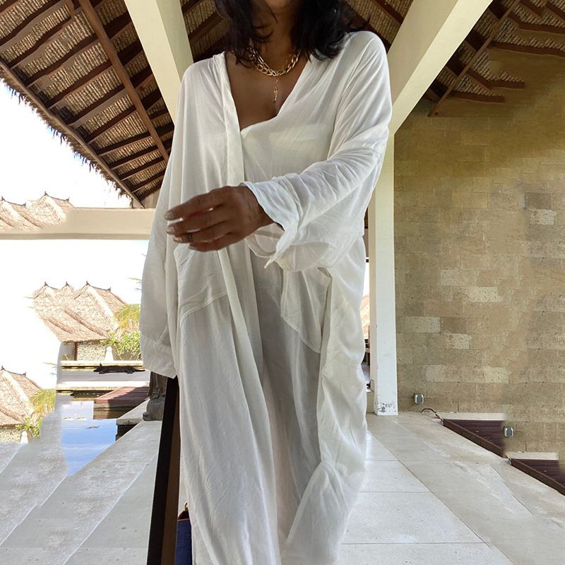 Vestido leve de algodão para praia, piscina e passeios de verão – caimento solto com bolsos, capa de biquíni, proteção solar – tamanho único_voghion.com