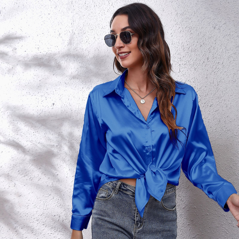 Women's clothing color D shirt satin silk imitation long sleeve shirt_voghion.com