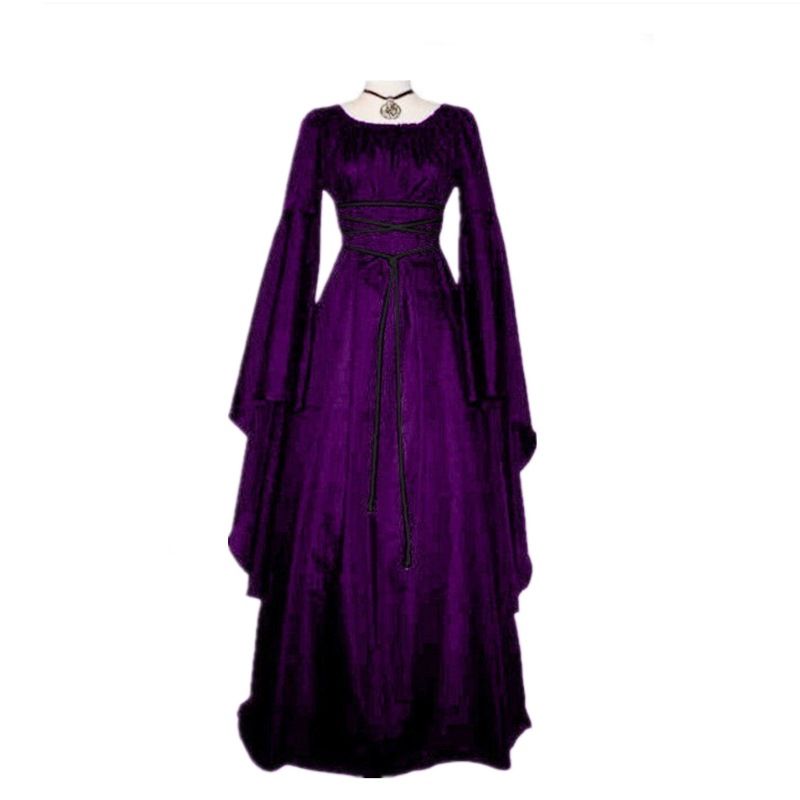 Neu Langen ärmeln Rundhals frauen Kleid Halloween Kostüm Mittelalter Robe Frauen_voghion.com