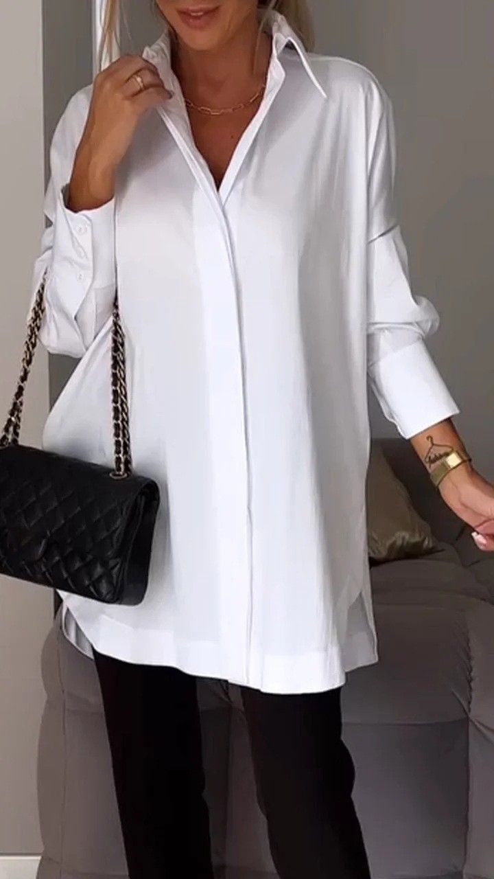 Women's Clothing Premium Polyester Blend Button-Down Shirt Comfortable Stretch Long Sleeve Tunic Top In Classic Colors Relaxed Fit For Office_voghion.com