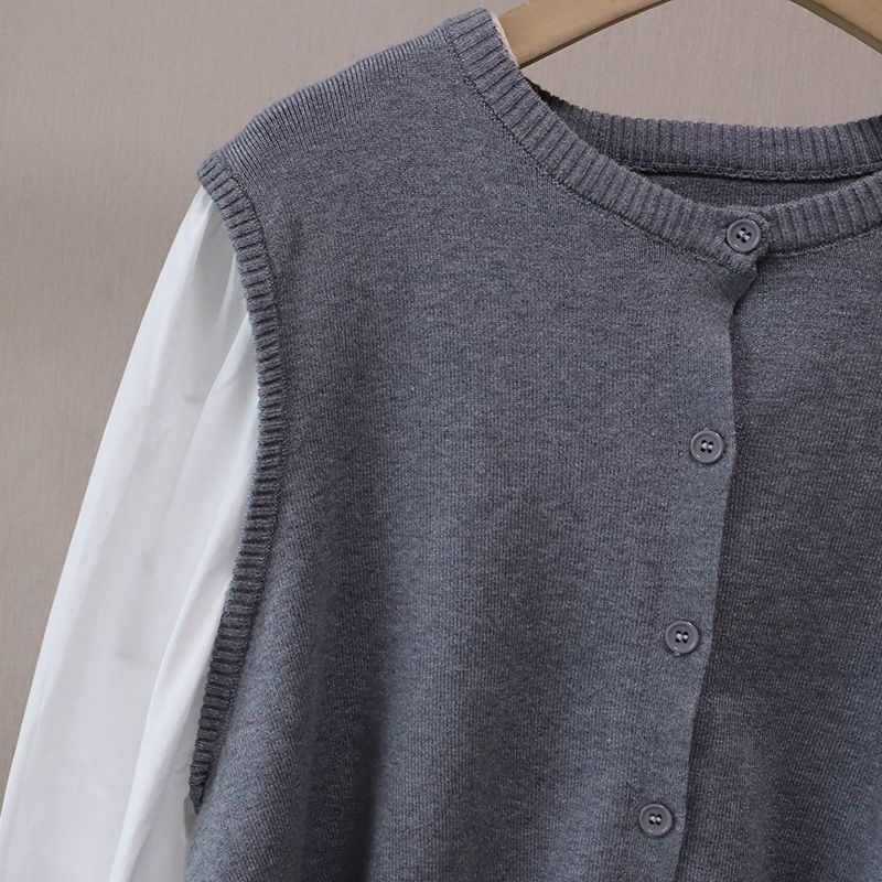 Camicia a maniche lunghe elegante e versatile in due pezzi, stile coreano, lavorata a maglia, patchwork, color-block, autunno 2025, per donna_voghion.com
