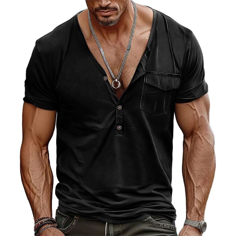 2025 Sommer Herren Henley T-Shirt mit V-Ausschnitt und lockerer Tasche_voghion.com