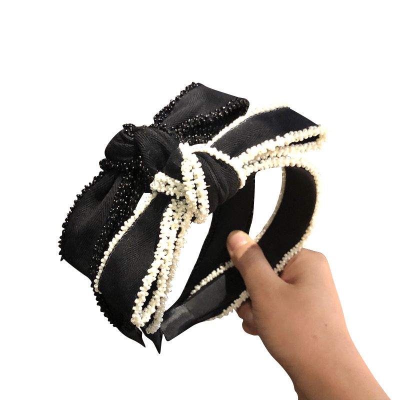 Cerchietto per capelli in tessuto alla moda, stile coreano, con fiocco e perle, ampio ed elegante, da donna_voghion.com