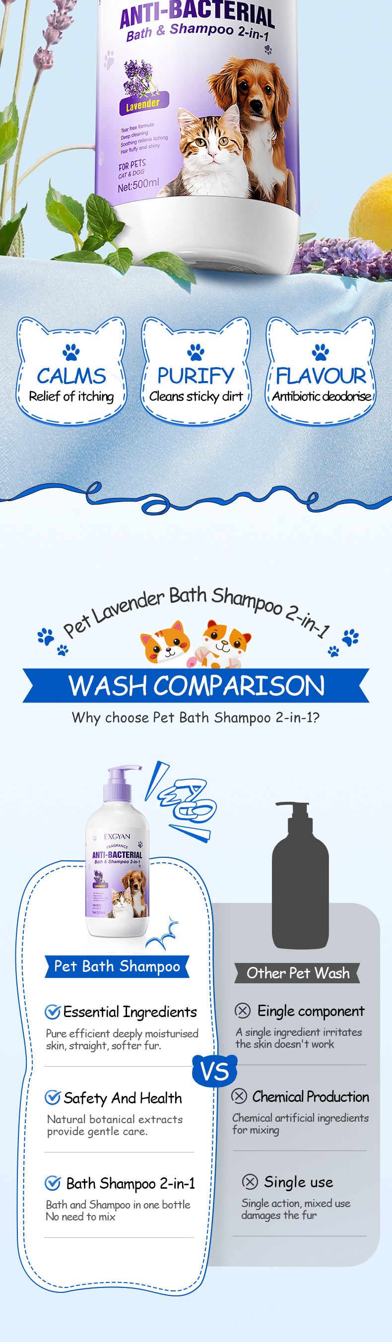 Shampoo da bagno alla lavanda per animali domestici Full English Pet 2 in 1 EXGYAN Bagnoschiuma per cani e gatti_voghion.com