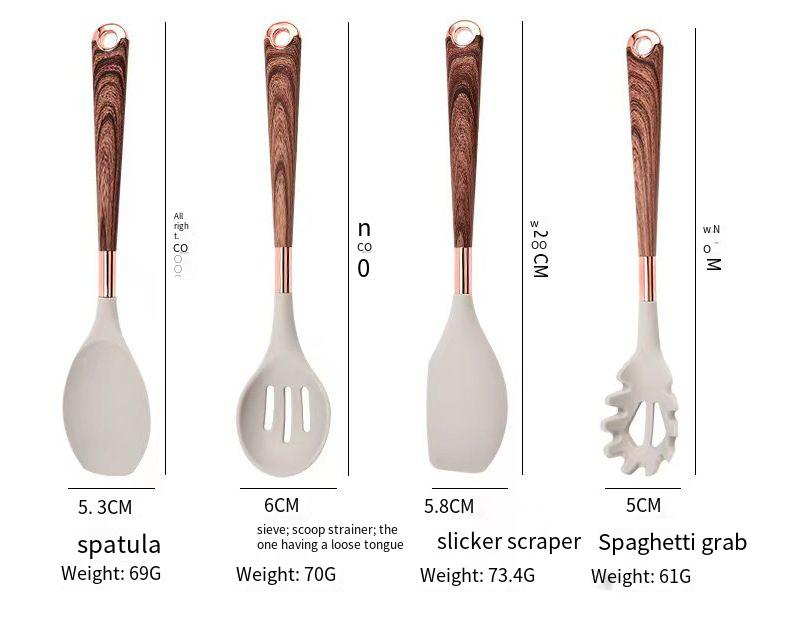 Kochen Silikon Holzmaserung Küchengeschirr 10-teiliges Löffel Küche Antihaft-Pfanne Spachtel Set mit Aufbewahrungseimer_voghion.com
