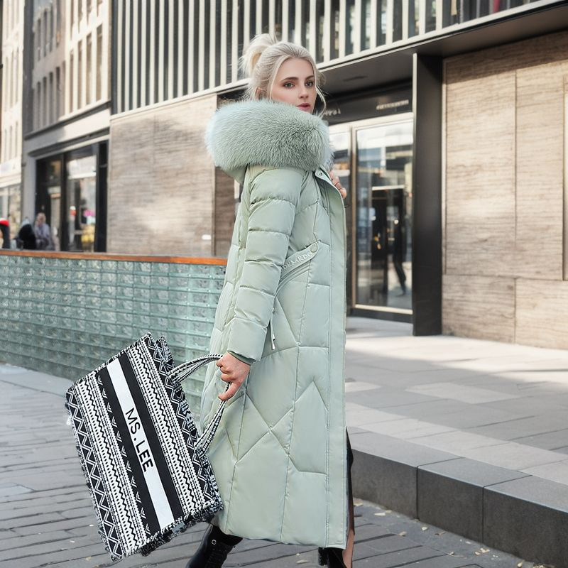Giacca lunga invernale da donna nuova moda slim sopra il ginocchio imbottita in cotone con colletto in lana spessa_voghion.com