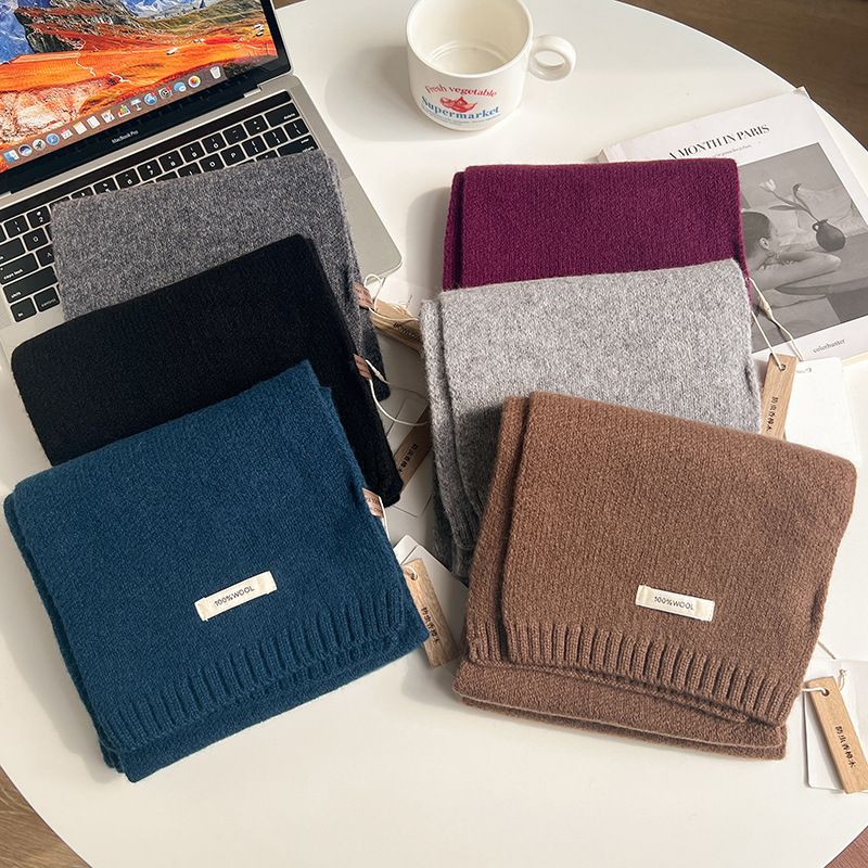 New Year Red Australian 100% Sheep Wool Scarf For Women Winter Solid Color Thickened Warm Protection Knitted Neck Warmer_voghion.com