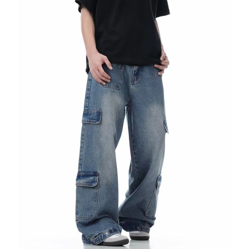 Pantaloni casual a gamba larga da strada, jeans cargo blu dritti lavati multitasche americani_voghion.com