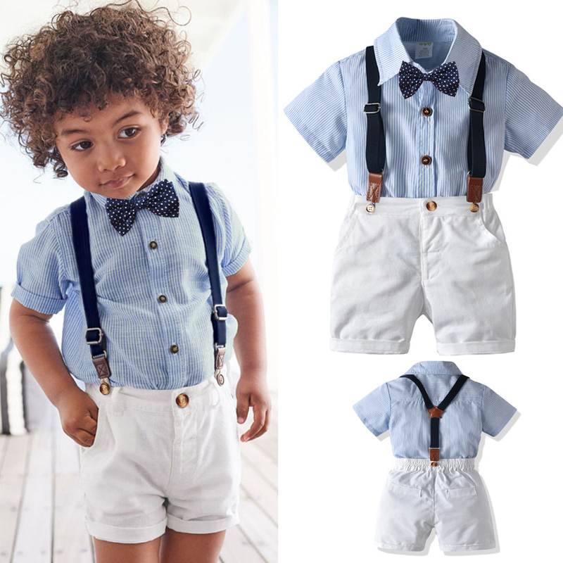 Vestiti per bambini I reggicalze con colletto della camicia a righe a maniche corte da ragazzo mostrano un completo estivo da uomo in quattro pezzi_voghion.com