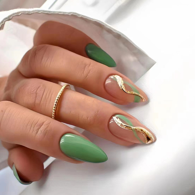 24-teiliges Ripple-Gold-Mandel-N-Set mit Kleber, tragbar, glitzernd, rosa, falsches N, langes, fertiges Fake-N zum Aufdrücken_voghion.com
