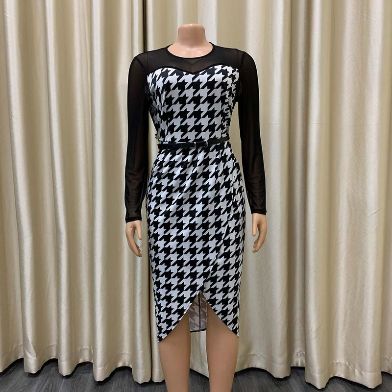 Damenbekleidung in Übergröße, Modedruck, Mosaik-Netz, professionelles Bürokleid_voghion.com
