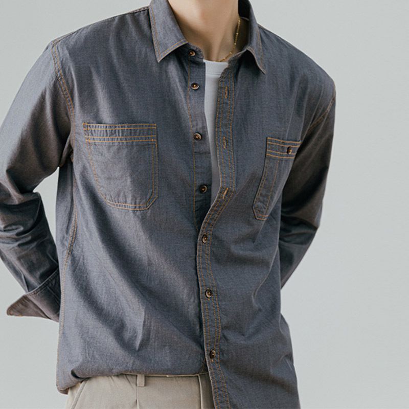 Nuova camicia da uomo in denim retrò americano transfrontaliero in puro cotone con doppia tasca, camicia da uomo in stile utensili, camicia a maniche lunghe da uomo_voghion.com