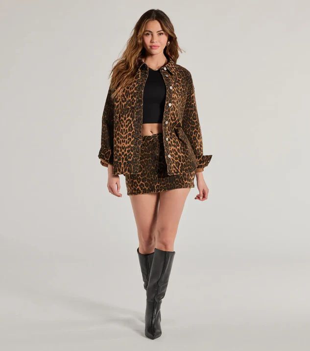 Vintage Leopard Print Denim Jacket & Skirt Set For Women – Oversized Loose Fit, Retro Streetwear, Long Sleeve Casual Outfit (Dark Brown, S/M/L/XL)_voghion.com