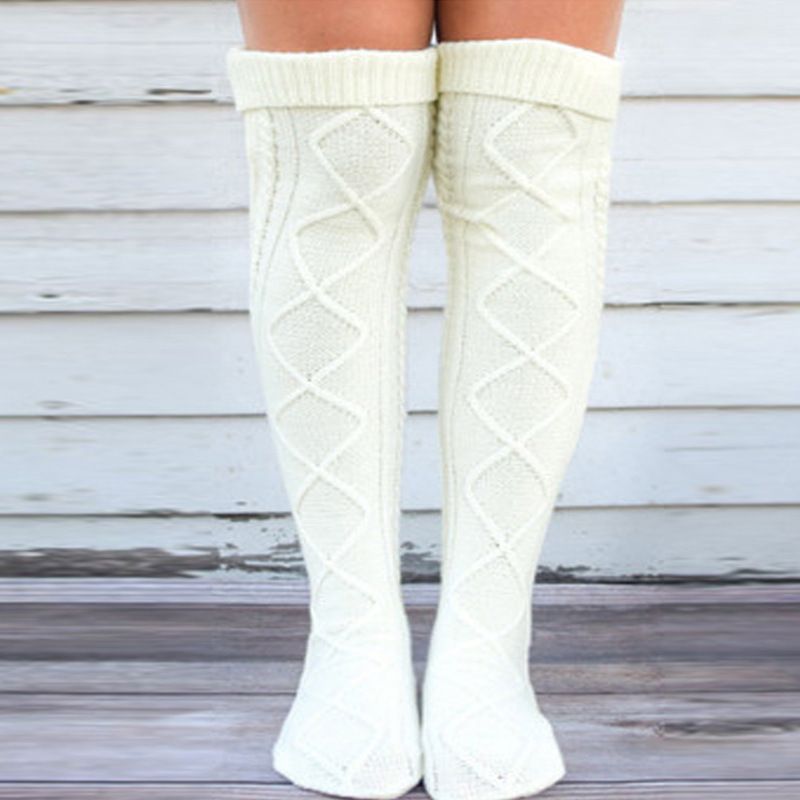 Calcetines de lana de punto para mujer, con borde enrollado de diamante, color liso, holgados, por encima de la rodilla, otoño e invierno, gran oferta, 2025d_voghion.com