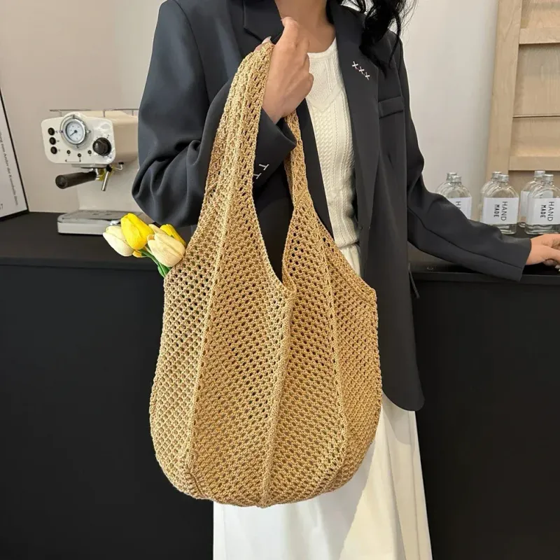 Borsa a tracolla da donna, casual, in paglia e vimini, fatta a mano, grande capacità, estiva, da spiaggia, messenger 250314l_voghion.com