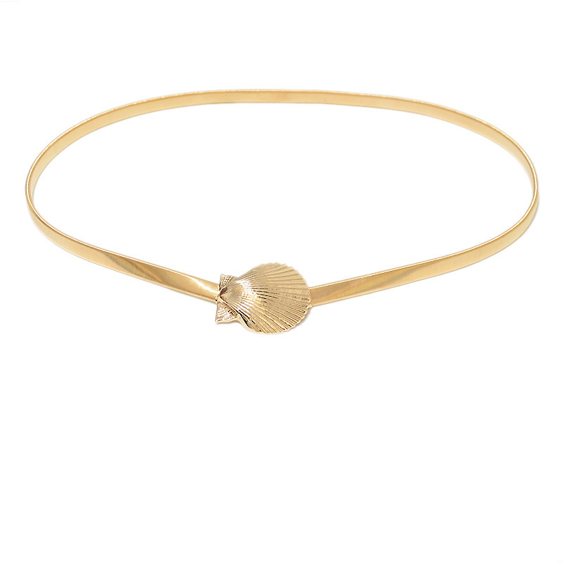 Modischer und trendiger neuer Gürtel, elastische Taillenkette aus Metall für Damen, Schnallengürtel mit goldener Muscheldekoration_voghion.com