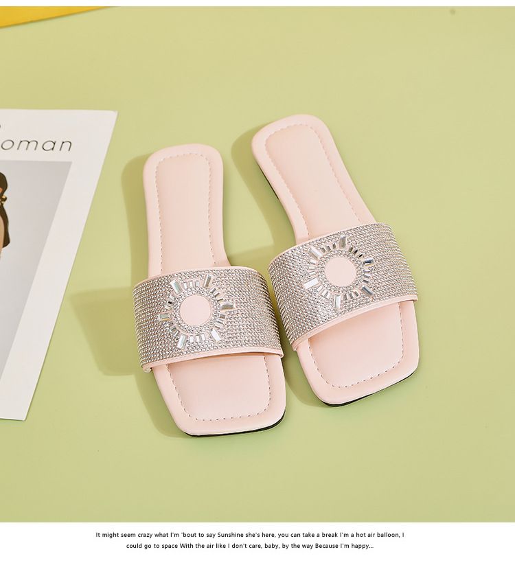 Dame Store Tøfler Sommer Nyt Overtøj Headed Water Diamond Firkantet Spænde Flad Hæl Strand Cool Sko_voghion.com