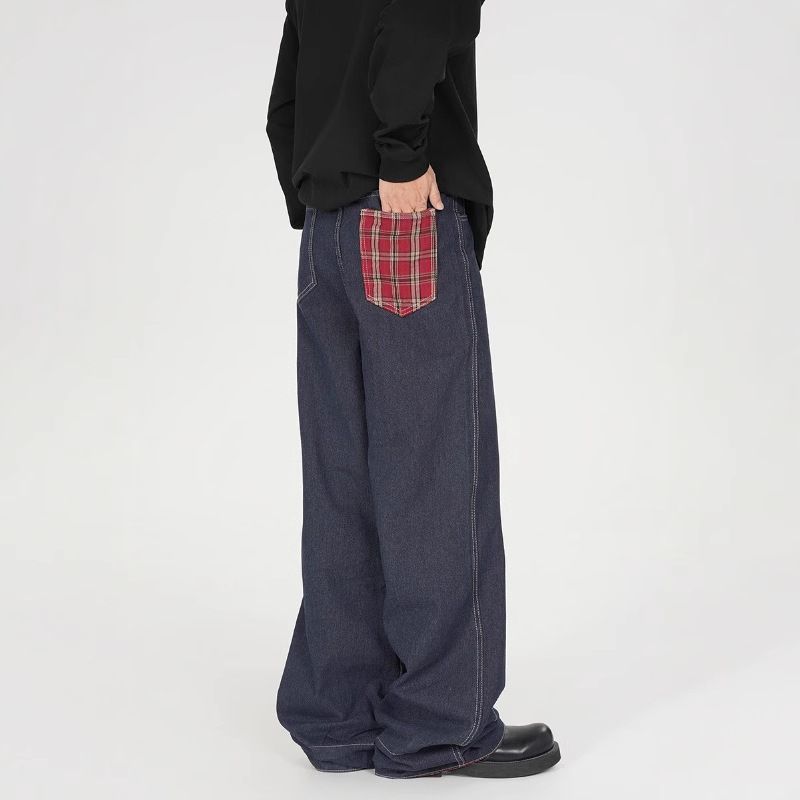 Checkered Patchwork Rolled Edge Jeans For Men And Women With Trendy Brand Design, Casual Straight Pan, Stacked Leg_voghion.com