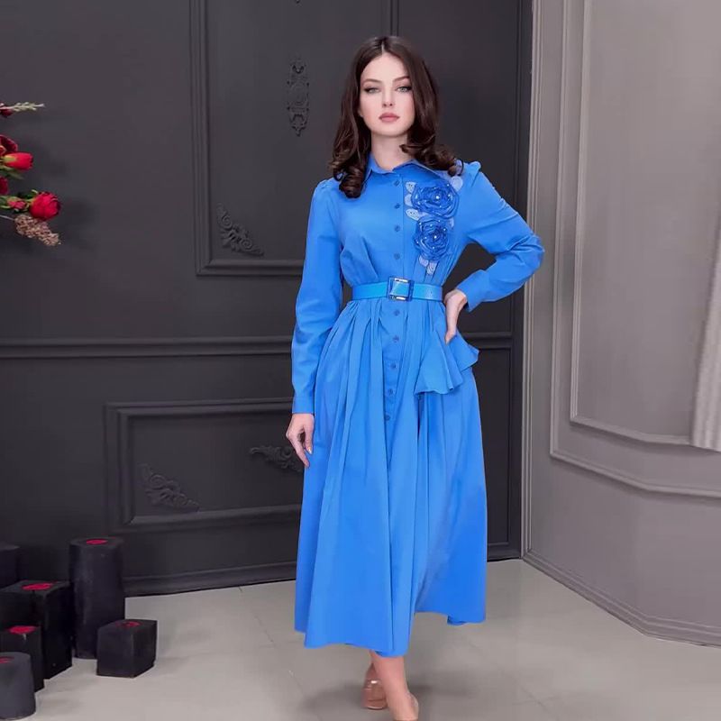 Autumn New Women's 3D Floral Print Elegant Long Sleeve Dress With Lapel Collar - Royal Blue, Sizes XS To XXXL_voghion.com