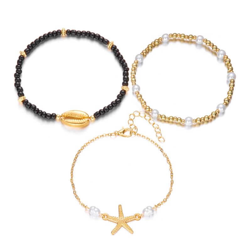 New Bohemian Style Seed Bead 3 Pieces Stackable Summer Beach Starfish Shell Anklets_voghion.com