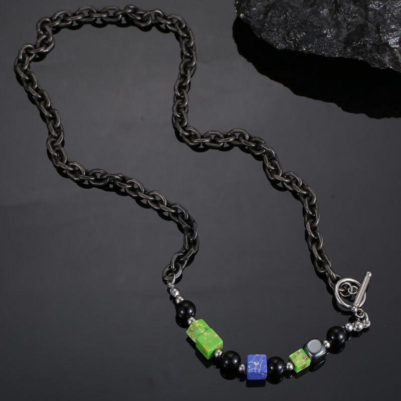 Design National Trend Hip Hop Perséinlechkeet High End Retro Männer a Fraen Accessoiren Schwaarz Achat Kubus Faarweg Steen Halskette_voghion.com