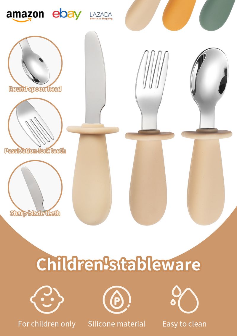 Silicone short handle 316 stainless steel children's knife, fork, 3-piece set, baby eating spoon portable tableware_voghion.com