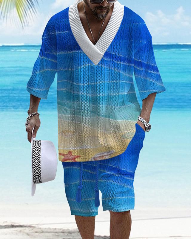 Completo da uomo con pantaloncini a maniche corte in maglia, di grandi dimensioni, con stampa a quadri e spalle cadenti_voghion.com