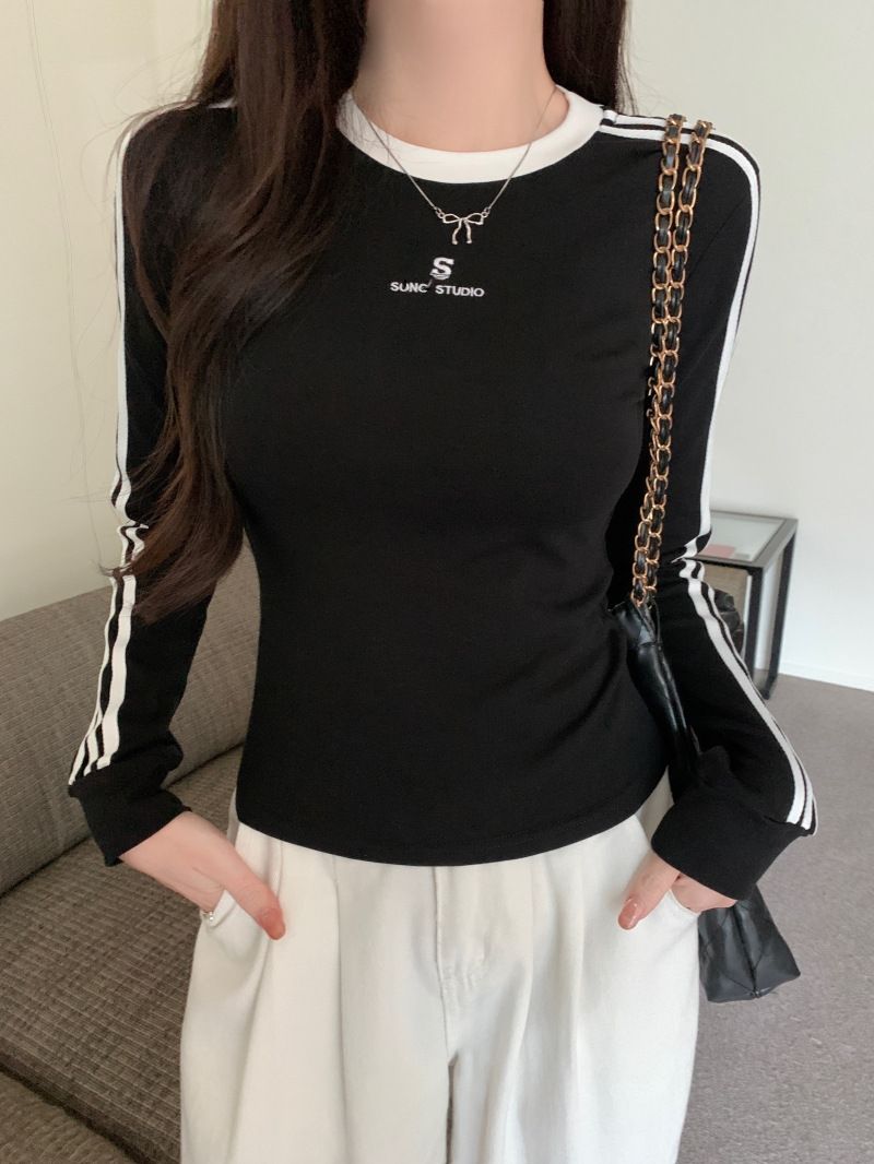 545 # 40 count pure cotton (92 cotton/8 spandex) 2024 autumn long sleeved T-shirt with embroidered stripes for women_voghion.com