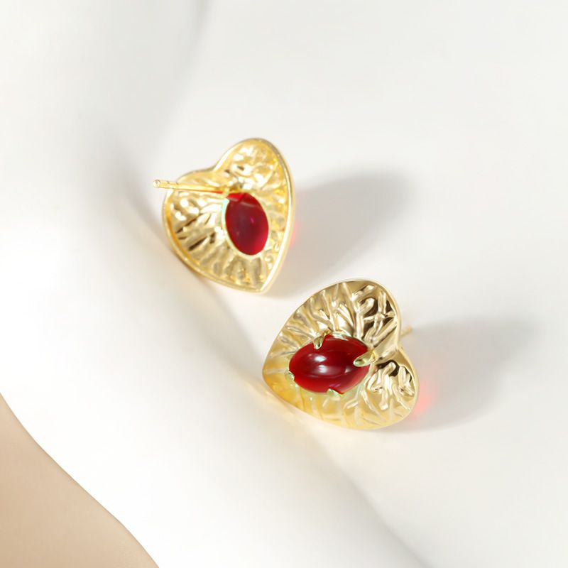 Orecchini in argento sterling con zirconi rossi, orecchini a forma di cuore, leggeri e di lusso, per autunno e inverno, gioielli di alta gamma da donna._voghion.com