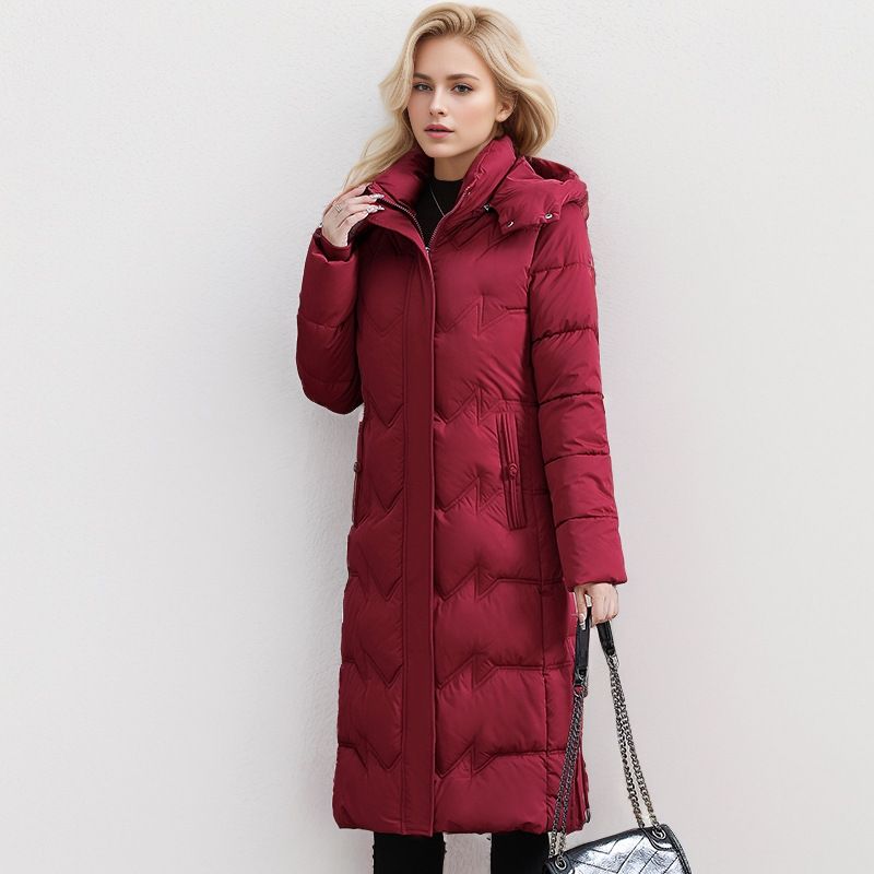 Extra Long Women's Puffer Coat - Oversized Winter Jacket With Hood, Knee-Length Warmth, Plus Size Friendly (Wine Red, Khaki, Dusty Pink, Black)_voghion.com