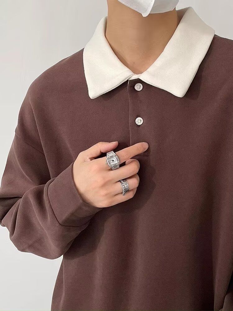 Men’s Retro Color-Block Polo Sweatshirt – Long Sleeve, Loose Fit, Embroidered Collar, Fall Casual (M-3XL, Brown Stripe)_voghion.com