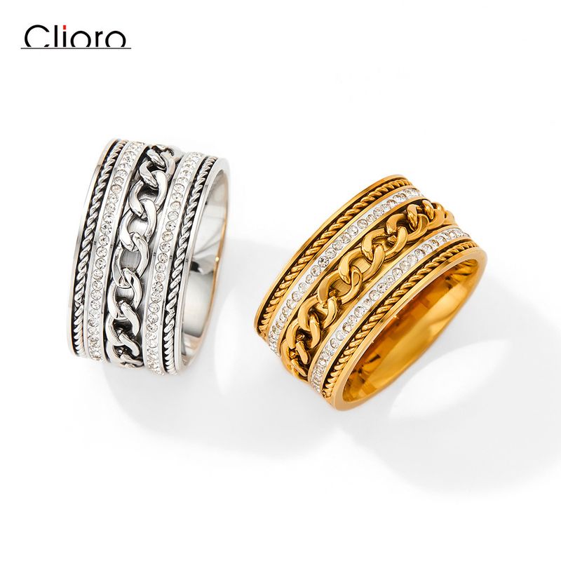 Damessieraden Roestvrijstalen ring met dubbele rij brede band en kubieke zirkonia, gedraaid kettingontwerp om te stapelen, elegant en stijlvol accessoire_voghion.com