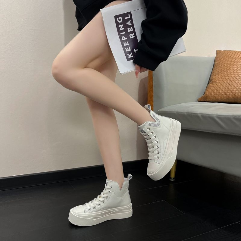 Casual High-Top White Shoes Women's 2023 Autumn New Thick-Soled Board With Lace-Up Sports Students' All-Match Breathable_voghion.com