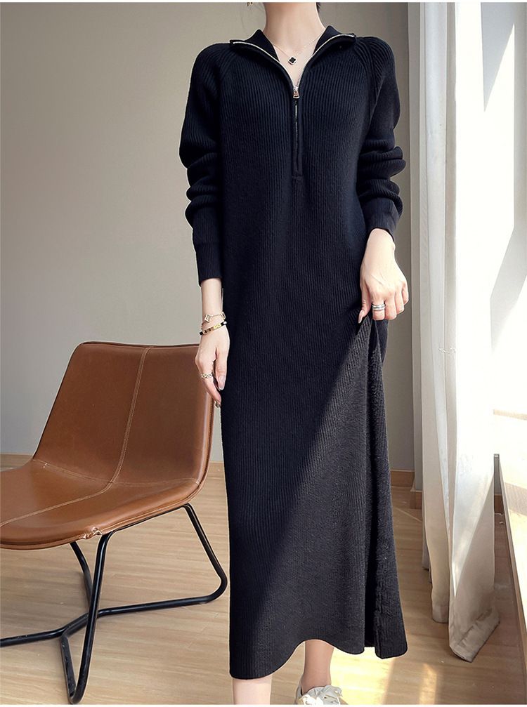 Herbst Winter Neue Frauen 2025 Zipper Design Französisch Stil Schwarz Mid-Länge Basis Gestrickte Pullover Kleid_voghion.com