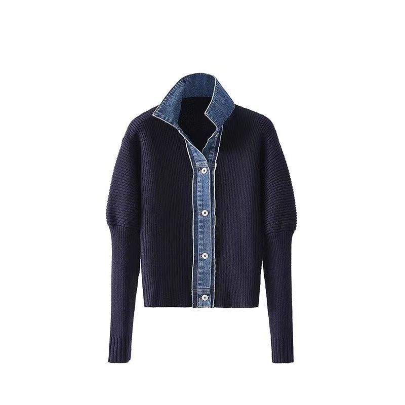 Damenbekleidung Lazy Style Pullover Damen Strickjacke Jacke Koreanische Version Lose Denim Spleißen Strickjacke Oberbekleidung Polokragen Top_voghion.com