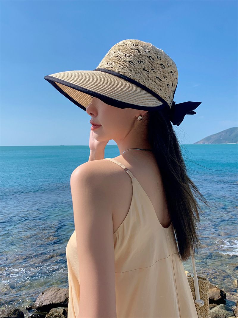 Nuovi arrivi Cappello di paglia con coda di cavallo da donna, visiera a tesa larga, estivo, regolabile, cappelli pieghevoli da spiaggia_voghion.com
