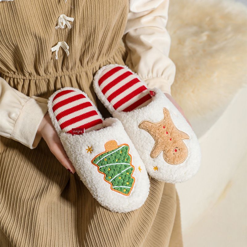 Halluci Weihnachtsserie Lebkuchenmann Hausschuhe aus Baumwolle für den Innenbereich, rutschfeste Gummisohle, für Damen, Cartoon-Design, für den Heimgebrauch_voghion.com